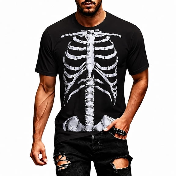 Tfken T-Shirts For Men Halloween Skeleton Graphic Short Sleeve Tees T Shirt Casual Crewneck Tops Tshirts Male Fashion T-Shirts Clothes Size L Black