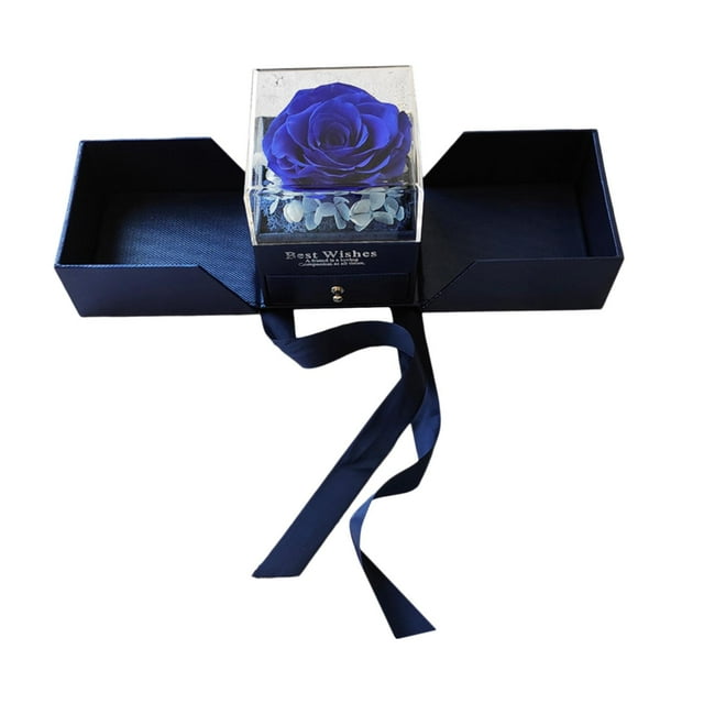 Joyero con rosas secas preservadas para San Valentín, mamá y novia. azul
