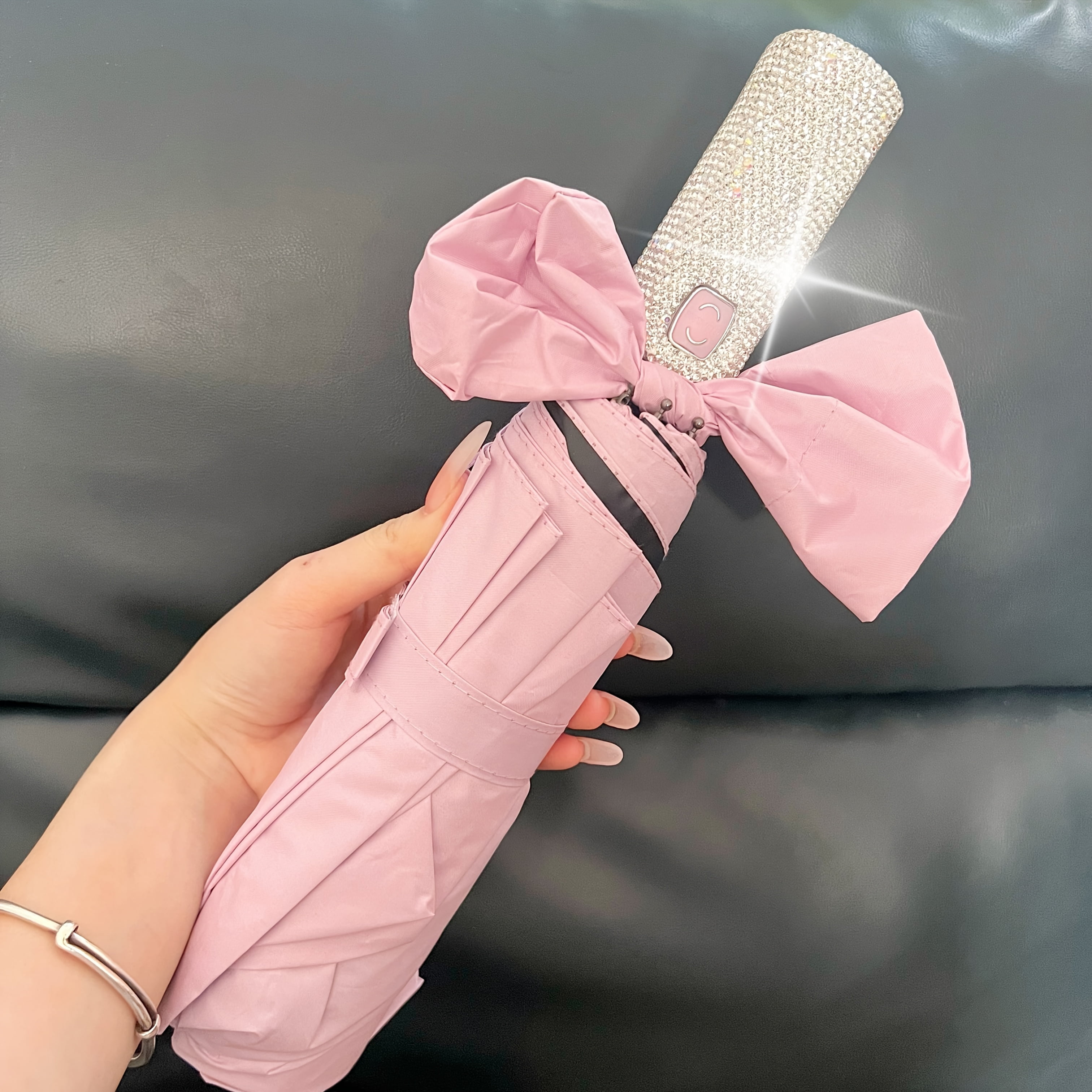 Sparkling Rhinestone-Decorated Pink UV Protection Automatic Open Compact Foalding Umbrella with Elegant Bow Handle - 10-Rib Durable Lightweight Portable Design for Women, Casual & Formal Use