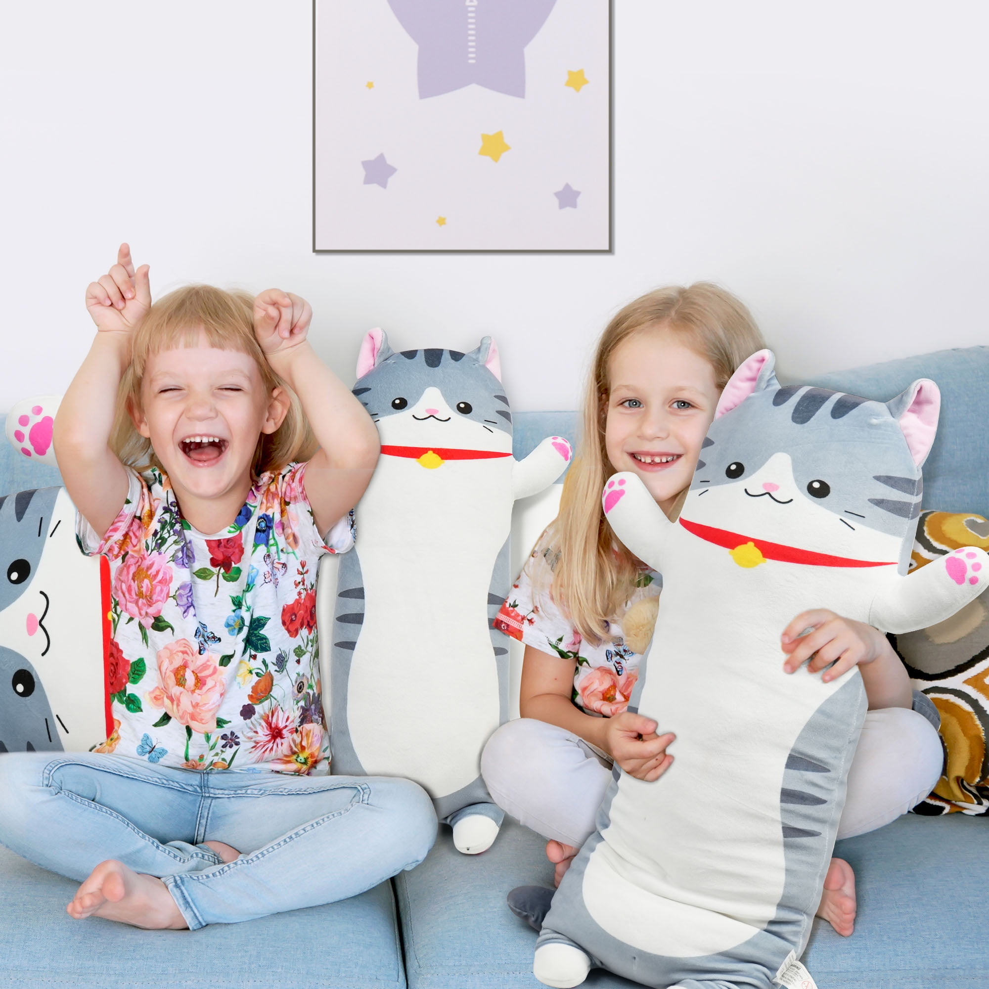 BenBen Long Cat Plush Pillow, Cat Stuffed Animal Body Pillow for Kids, 27.5 in, Grey