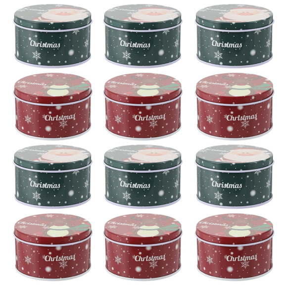 EIMELI 12 PCS Christmas Cookie Tins with Lids for Giving  Christmas Holiday Printed Round Metal Tins with Lids for Cookies  Candy  Food Presents for Xmas Holiday Party Supplies