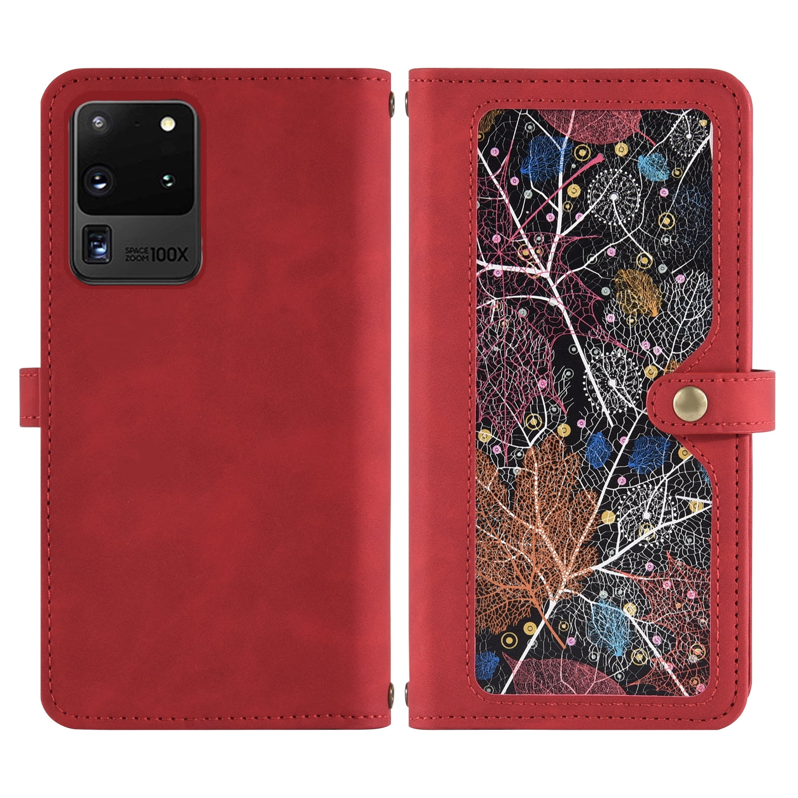 Asuwish Phone Case for Samsung Galaxy S20 Ultra 5G Wallet Cover With Tempered Glass Screen Protector Wrist Strap Flip Pattern Zipper Credit Card Holder Cell S20ultra 20S S 20 A20 S2O 20ultra G5 Red