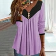 thumbnail image 1 of DPTALR Women Long Sleeved V-neck Button Pleated Top Multi Color Patchwork Top T-shirt, 1 of 6