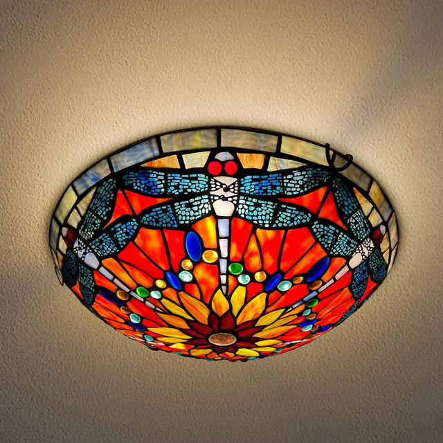 ARTZONE Tiffany Ceiling Lights, Stained Glass Ceiling Light 3-Lights 16 Inch Tiffany Flush Mount Ceiling Light for Bedroom Dining Living Room Entryway Foyer