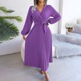 thumbnail image 4 of qafoshin Fall Pleated Dresses for Women V Neck Long Sleeve Midi Dress Waistband Classic Ruched Dress, 4 of 7