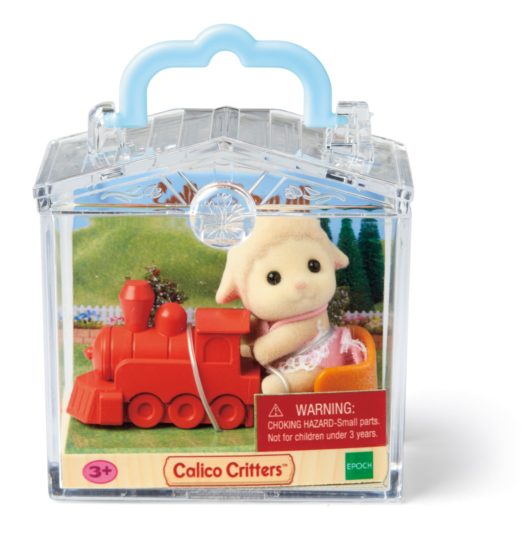 Calico Critters Baby Lamb Figure with Red Train in Clear Display Case BRAND NEW