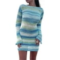 thumbnail image 3 of aturustex Women Colorful Crochet Knitted Mini Dress Long Sleeve Hollow Out Bodycon Dress Striped Backless Casual Sundress, 3 of 9