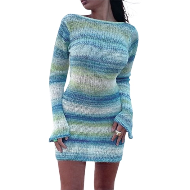 Women Backless Knitted Dress Long Sleeve Round Neck Wrapped Beach Dress Club Cocktail Party Striped Mini Dress - Walmart Business Supplies Women Backless Knitted Dress Long Sleeve Round Neck Wrapped Beach Dress Club Cocktail Party Striped Mini Dress - Walmart Business Supplies