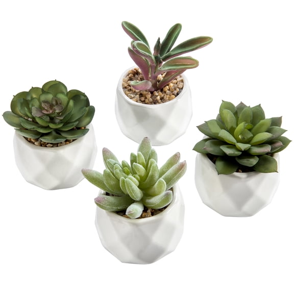 MyGift Mini Geometric Ceramic Planter Pots with Artificial Succulent Plants, Set of 4