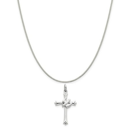 - Sterling Silver Holy Spirit Cross with Dove Charm on a Sterling Silver Box Chain Necklace, 16