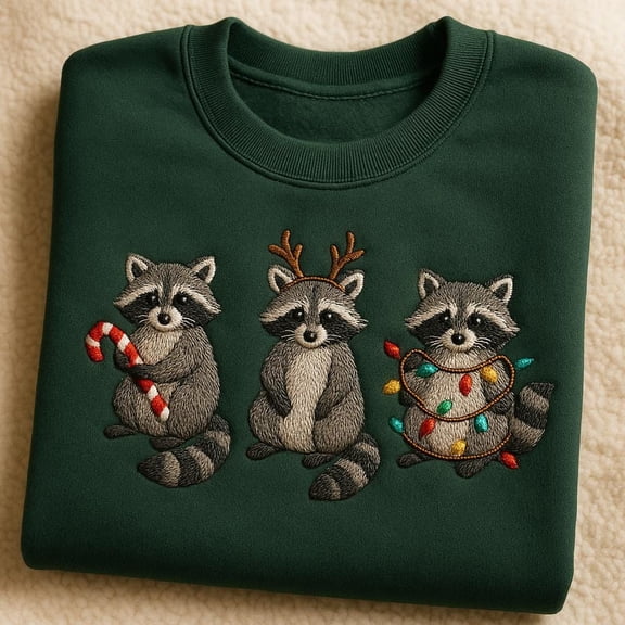 Embroidered Raccoon Christmas Sweatshirt, Reindeer Raccoon Crewneck, Holiday Lights Animal Shirt, Raccoon Lover Embroidered Hoodie