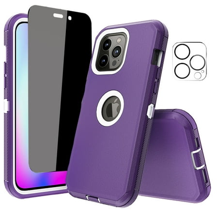 NIFFPD iPhone 14 Pro Max Case with Screen Protector （Anti Spy Privacy） + Camera Lens Protector, Heavy Duty Hard Shockproof Phone Case for iPhone 14 Pro Max 6.7" Purple+White