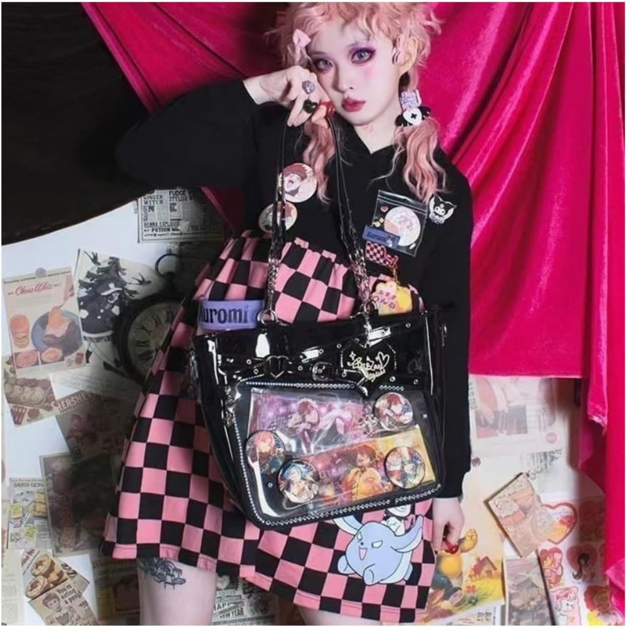 Love-Chains Ita Bag Pins Display Single Shoulder Crossbody Bag PU Leather Big Capacity Handbag Chain Clear Purse with Insert