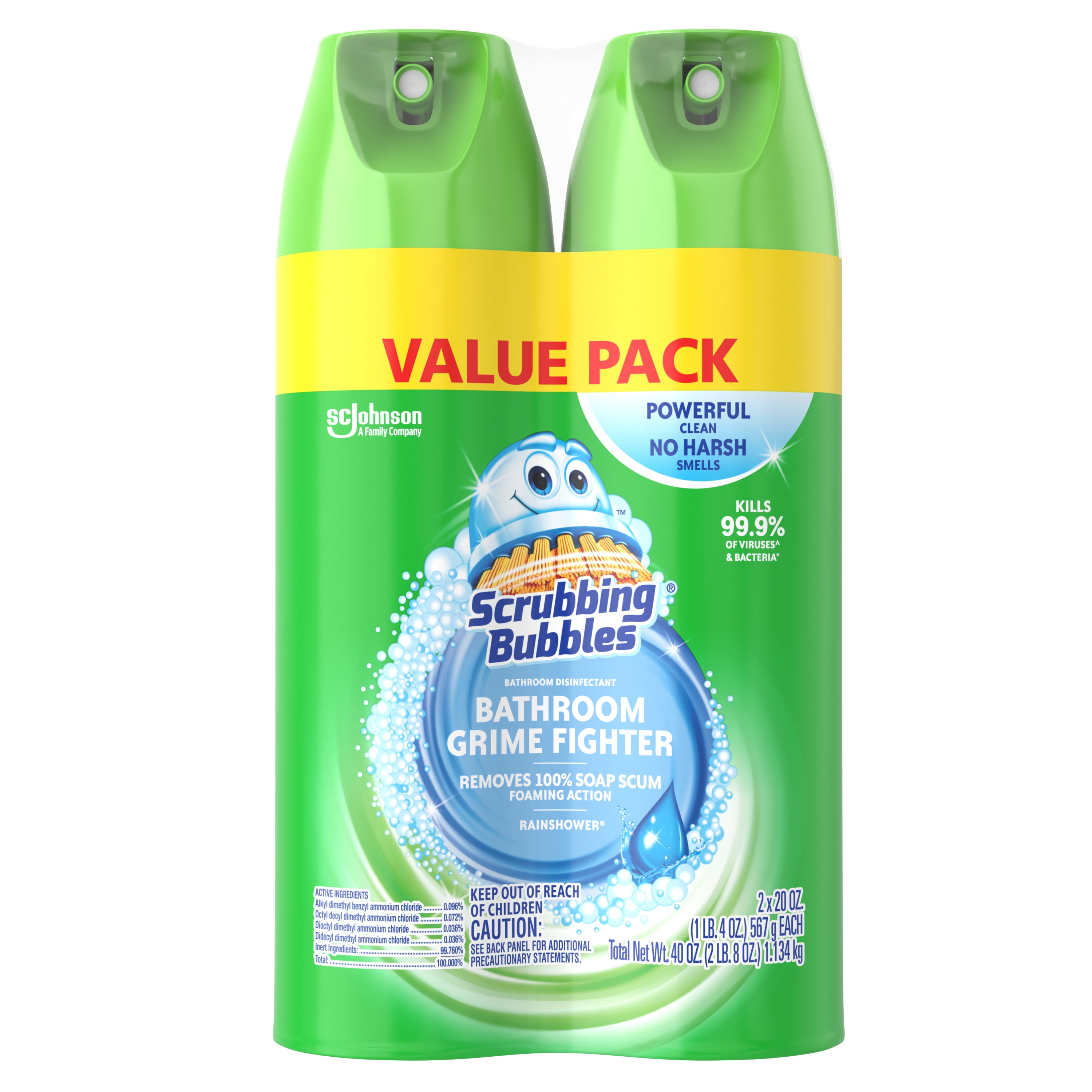 Scrubbing Bubbles Bathroom Grime Fighter Aerosol, Disinfectant Spray; Effective Tile, Bathtub, Shower and Overall Bathroom Cleaner (1 Aerosol Spray), Rainshower, 20 oz (Pack of 2)