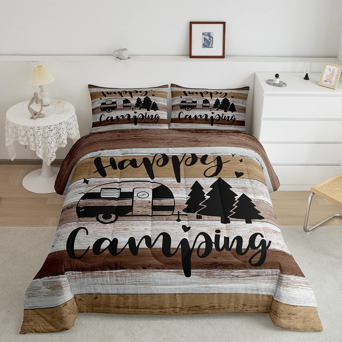GDAKE Trailers Camper Decorations Queen Comforter Set,Happy Camping