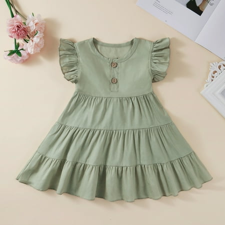 

Baozhu 2-7T Toddler Girls Dress Cotton Linen Ruffle Sleeveless Dress Kids Casual Party Dress