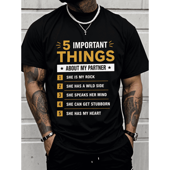 Men's Funny Partner Graphic T-Shirt, Romantic Gift Tee for Husband Boyfriend, Soft Cotton Casual Short Sleeve Crew Neck Top