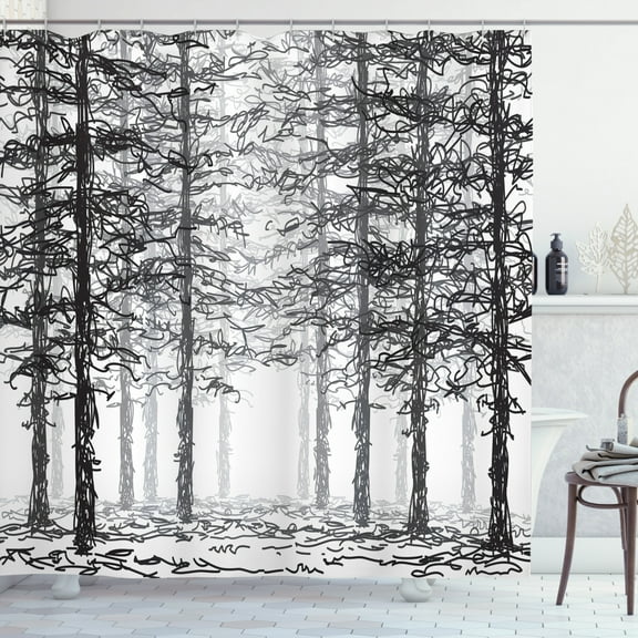 Ambesonne Forest Shower Curtain, Sketch Style Line Art, 69"Wx70"L, Black Grey White