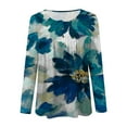 thumbnail image 5 of IROINNID Savings Ladies Long Sleeve T Shirts Lounge T-shirt Printed Round Neck Ruched Button Pullover Blouse Tops,Blue, 5 of 6