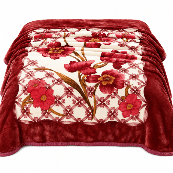 DBOZE Luxury Heavy Korean Mink Fleece Blanket – Queen Size 80"x90", Thick 1-Ply Floral Burgundy Throw, Super Soft, Warm & Weighted Winter Blanket