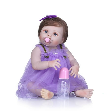 Reborn Baby Girl Doll 22 inch Soft Full Silicone Vinyl Body Lifelike Toddler Doll Play House Bath Toy Gift for ages 3+ With Purple Gauzy