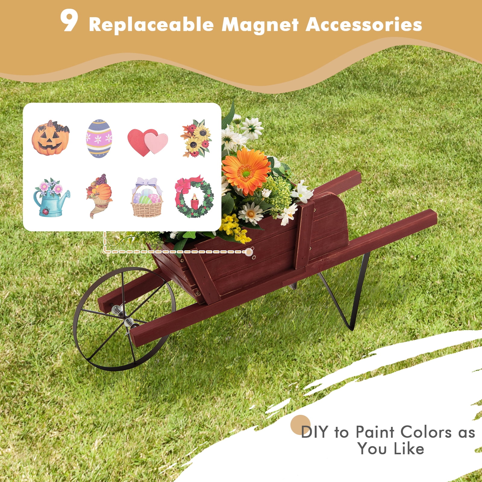 Topbuy Flower Pot Wheelbarrow Planter Solid Pine Wood Wagon Planter w/ Triangular Metal Support 2 Energy-saving Handles Movable Whee Red
