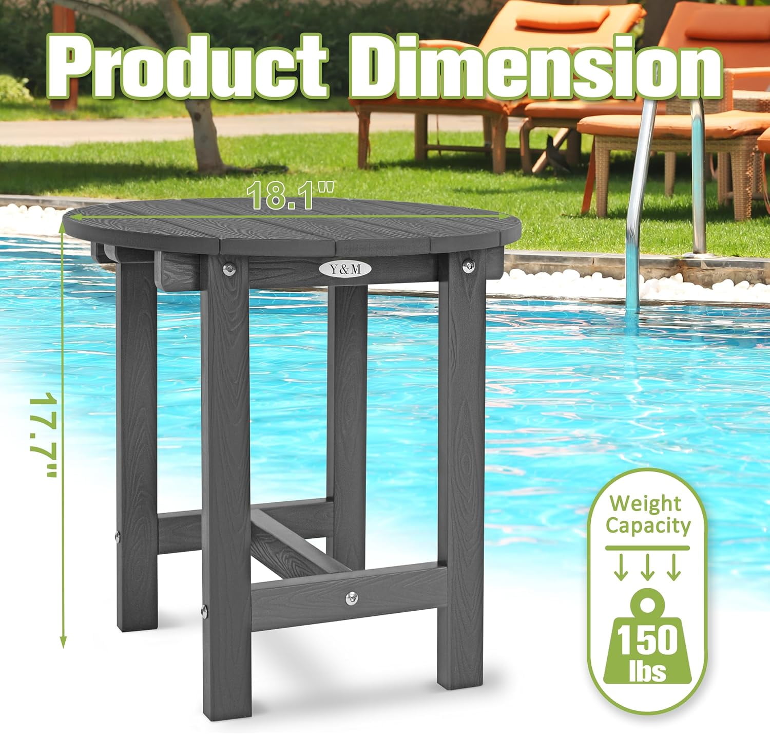 Y&M Outdoor Side Table, Waterproof Four-Legged Round Entryway End Table, Single-Tier HIPS Modern Small Coffee Nightstand for Bedroom, Living Room, Patio, Indoor or Outdoor Use, Dark Gray