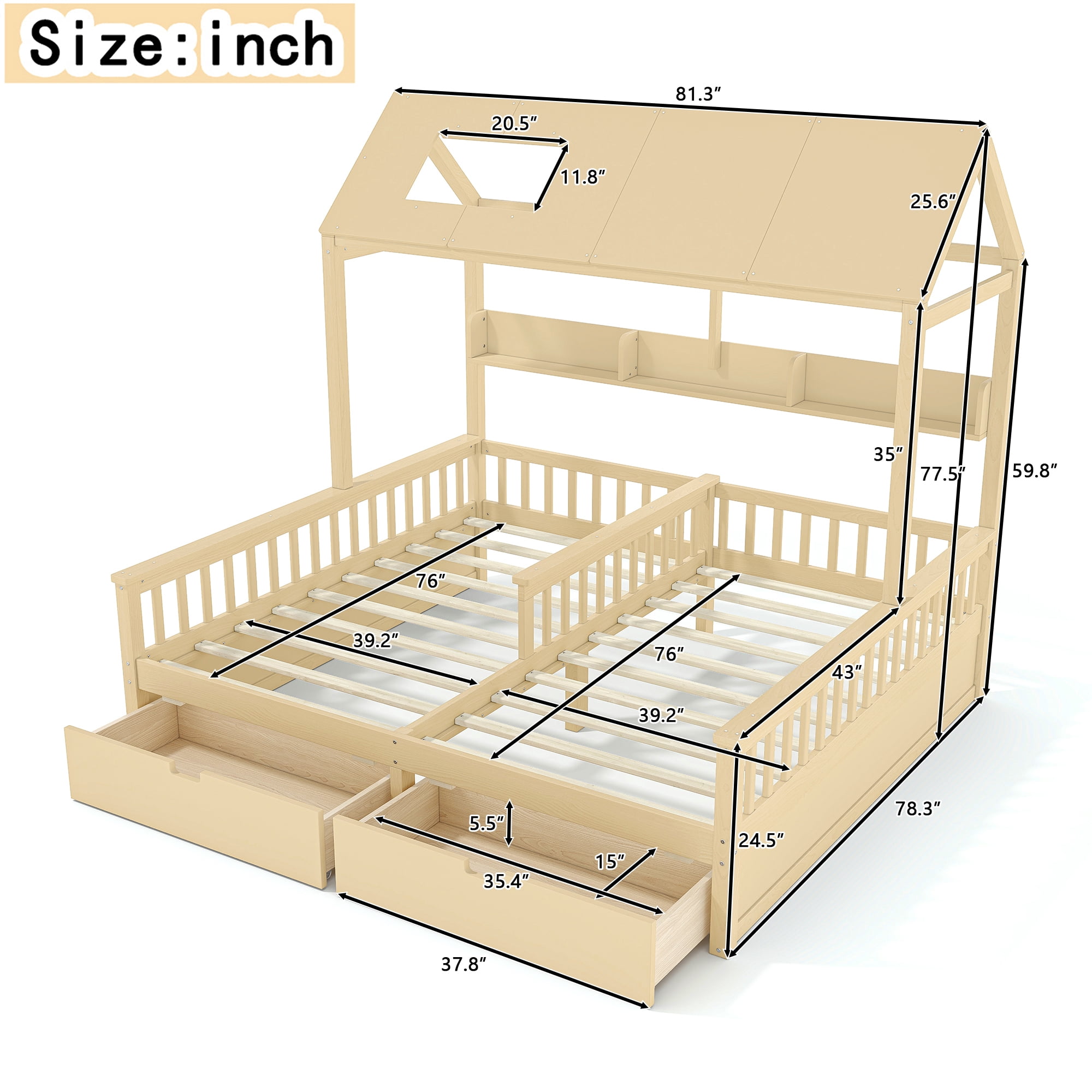 Leumius Double Twin Platform Bed Frame with Storage Shelves and Drawers, House Platform Bed with Support Slats, Childlike and Playhouse Design for Boys Girls Natural