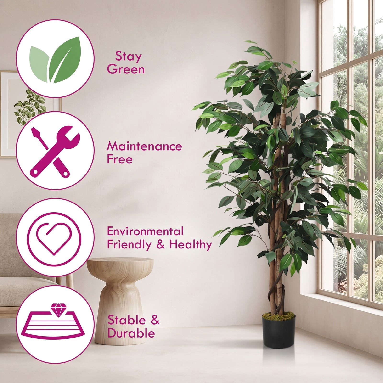 ALPULON 4 Feet Artificial Ficus Silk Tree, Indoor Outdoor Faux Ficus Plant with 504 Leaves, Hardwood Trunk and Cement Base Potted Fake Tree for Home Office, Green