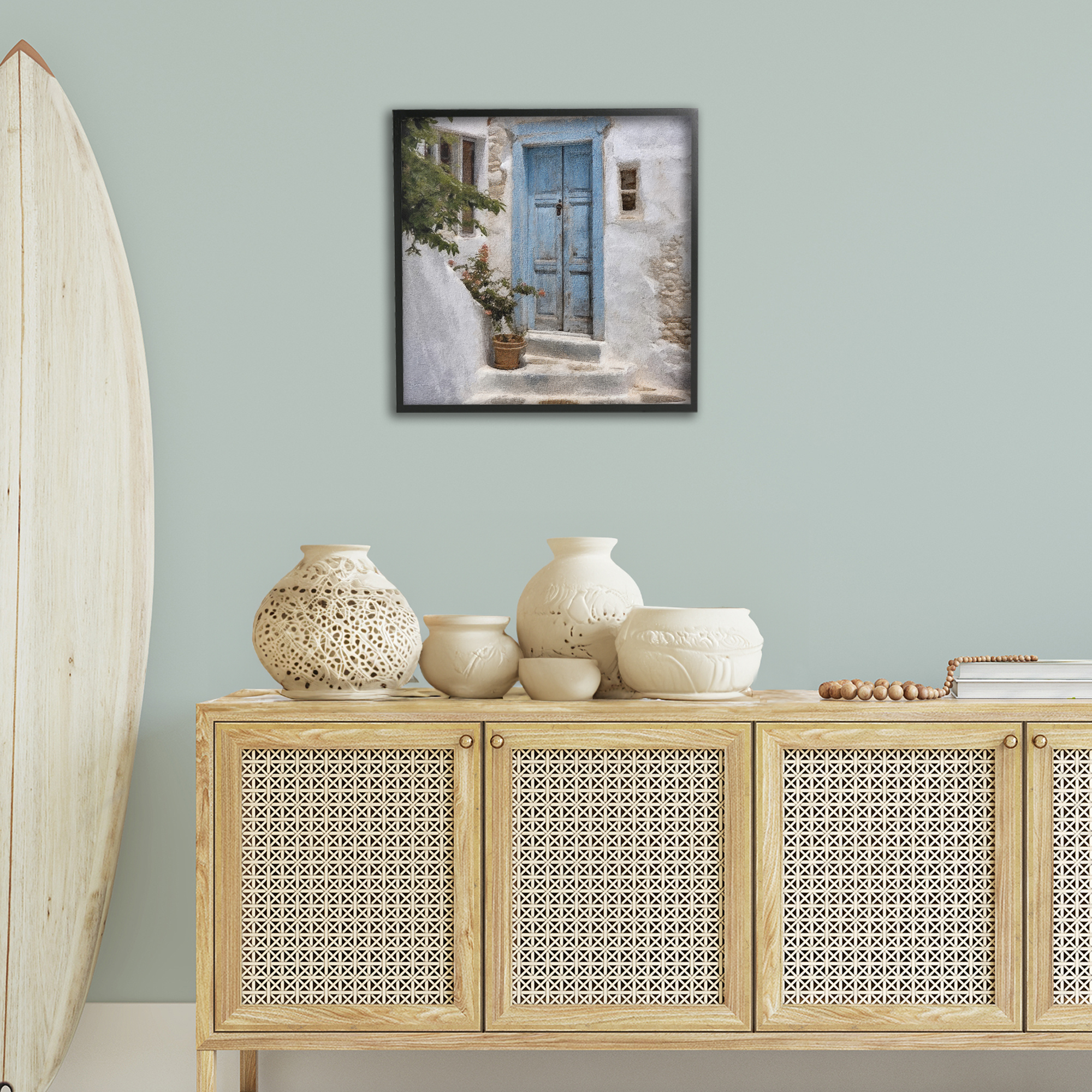 Stupell Industries Blue Greek Door Town & City Painting Black Framed Art Print Wall Art, 24 x 24