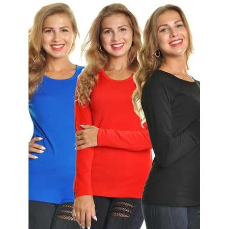 Angelina Women's Brushed Fleece Long-Sleeve Crewneck Thermal Tops (3-Pack)