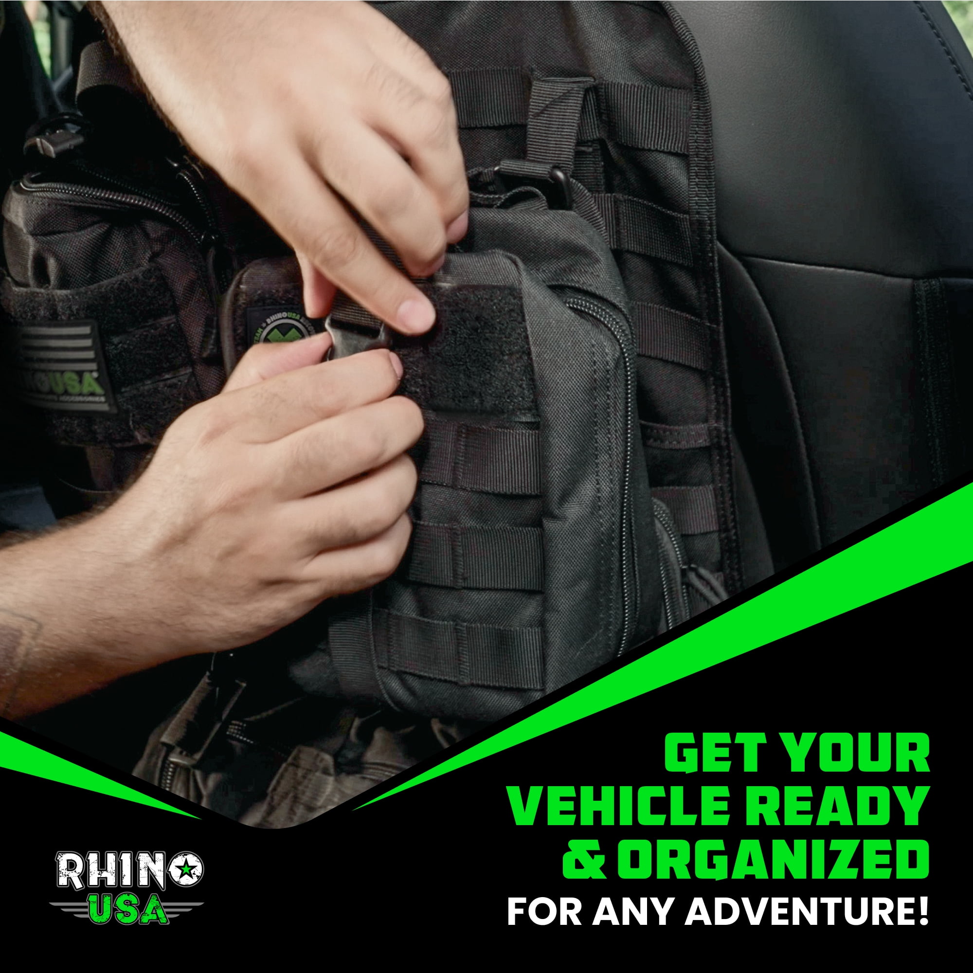 Rhino USA Tactical Car Seat Organizer w/ Multiple Pockets & Car Accessories for SUV, Truck, Car (Black)