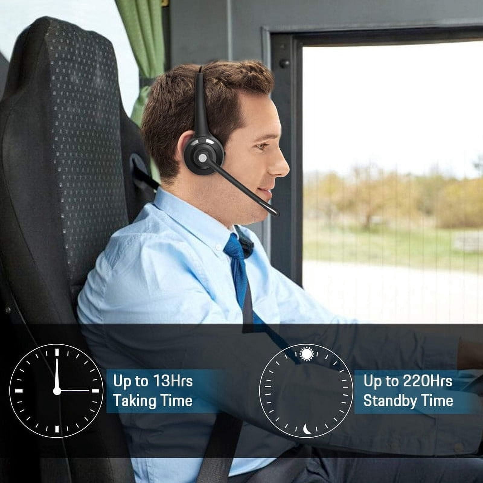 Wireless Bluetooth Headphones, Pro Trucker Headset, Over Head Earpiece, On Ear Car Headphones with Microphone for Truck Driver, Phones, Skype, Call Center, Office