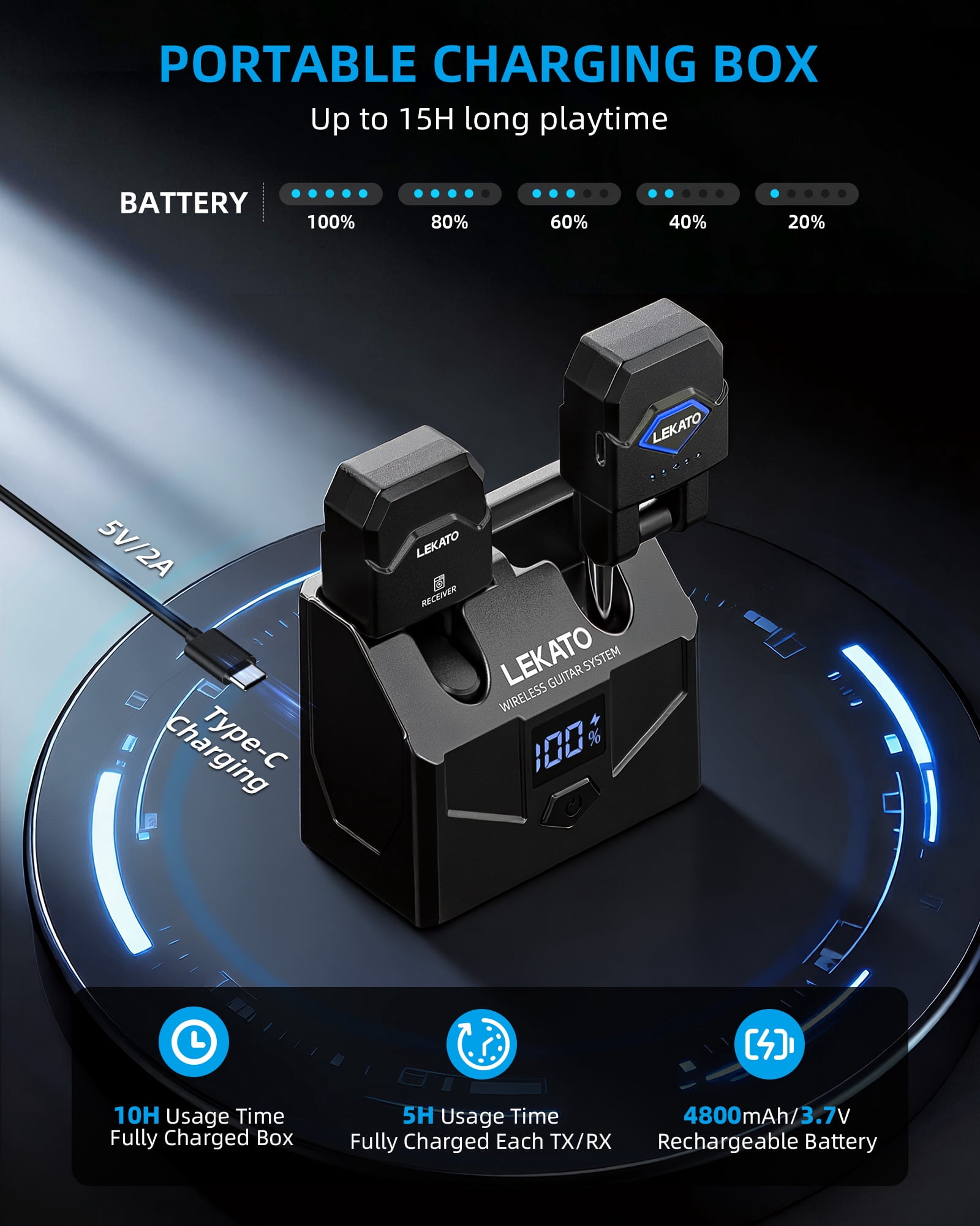 LEKATO WS-200 2.4GHz Wireless Guitar Transmitter & Receiver Set with Charging Case,15 Hours Battery Life, 4 Channels, Rechargeable 1/4" Plug for Guitar, Bass and Electric Instruments
