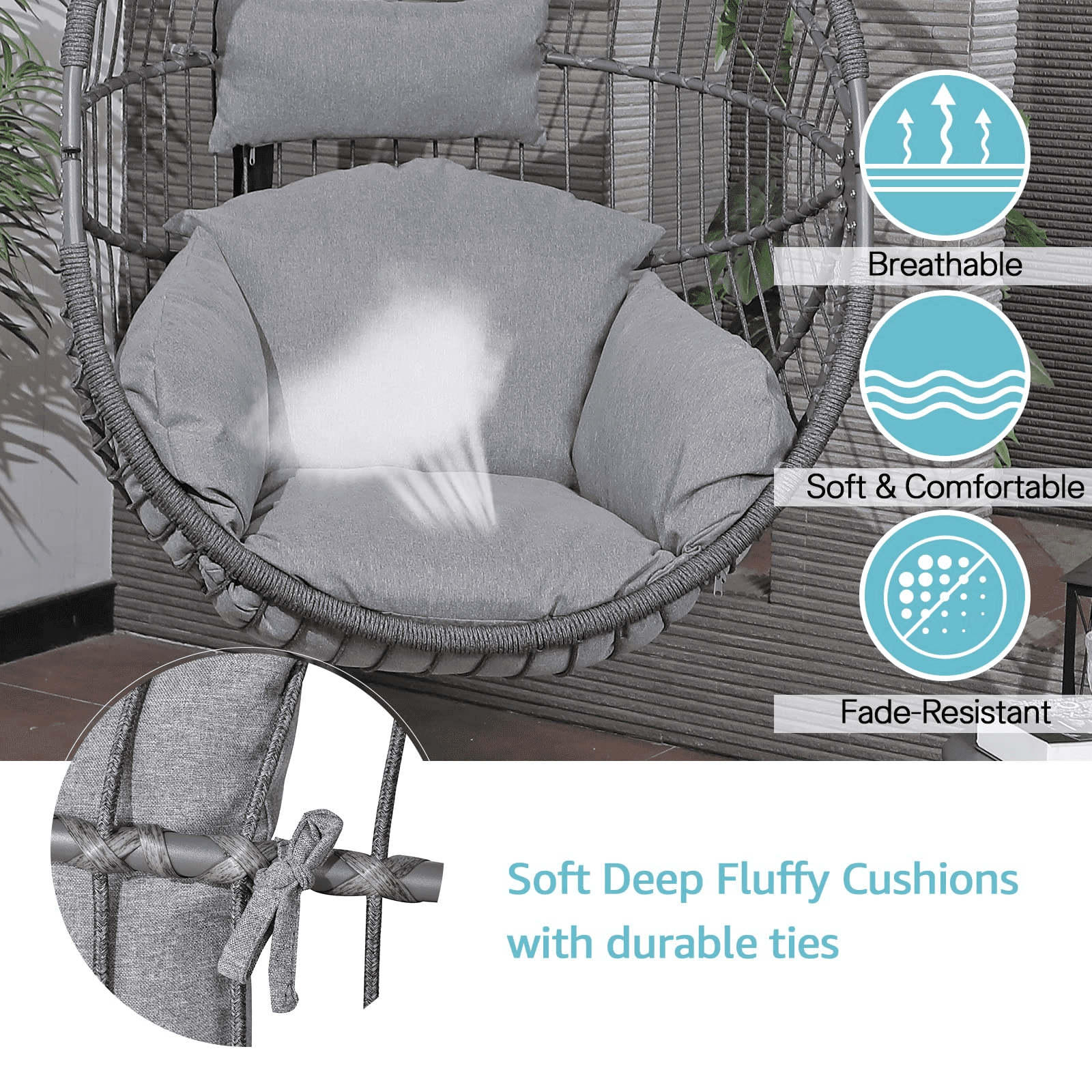Patiorama Indoor Outdoor Hammock Chair Cocoon Shaped Rope Woven Hanging Chair with Stand All Weather Egg Swing Chair Grey Cushion