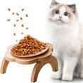 thumbnail image 2 of Cuenco de cerámica para gatos con soporte de madera elevado para proteger la columna cervical, cuenco para comida y agua para cachorros, 2 of 5