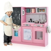 Play Kitchen, Wooden Kids Pretend Cooking Toy with Microwave, Fridge, Easy Bake Oven, Chalkboard&Ice Maker, Kids Kitchen Playset Toys for Girls & Boys Ages 3+ (Pink)
