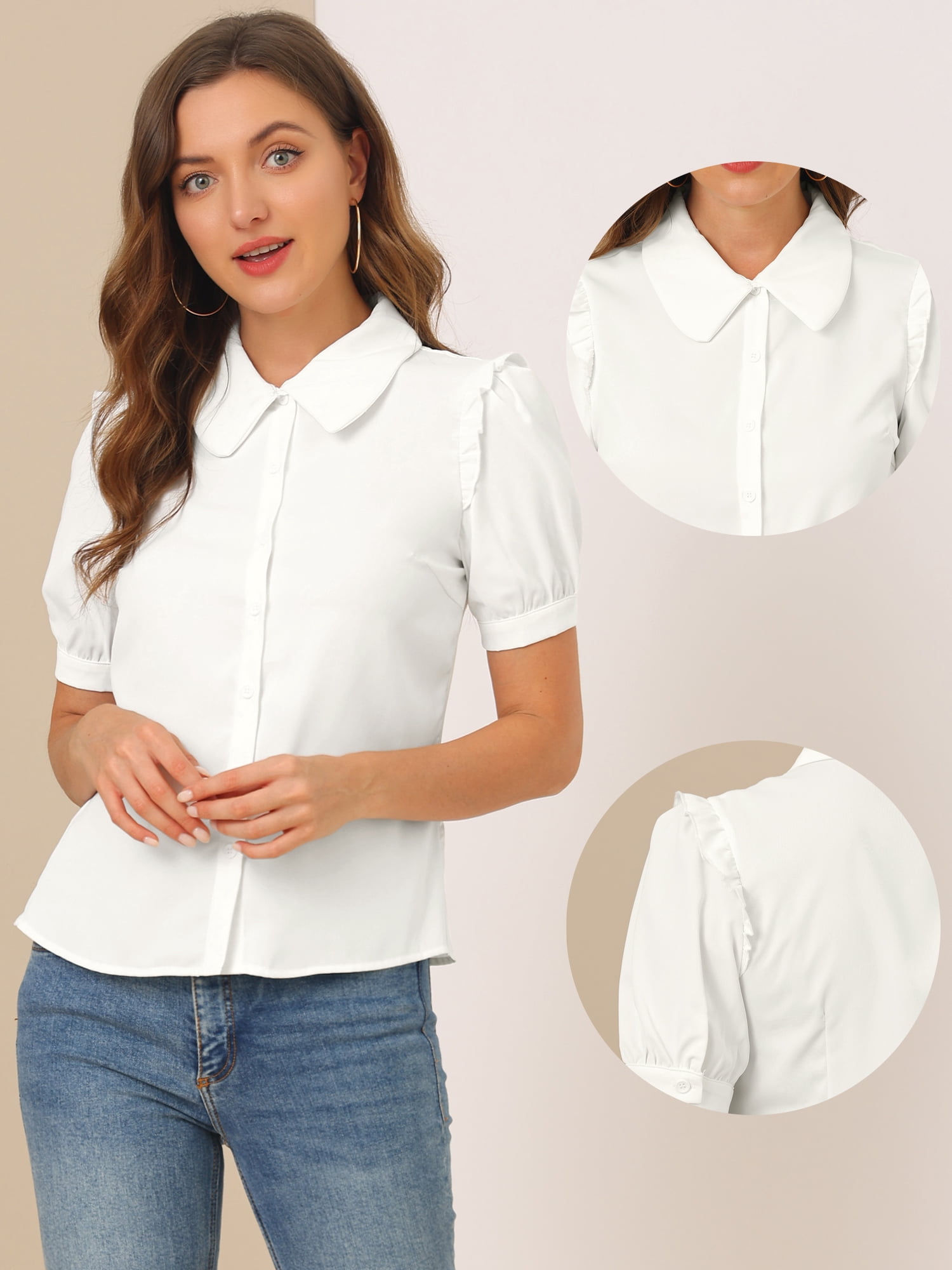 DARING DIVA Women's Peter Pan Collar Short Sleeve Button Front Shirts M White