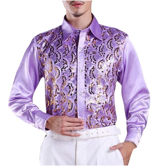 Mgmyaa Men's Formal Sequin Long Sleeve Button Down Shirt for Party and Performance