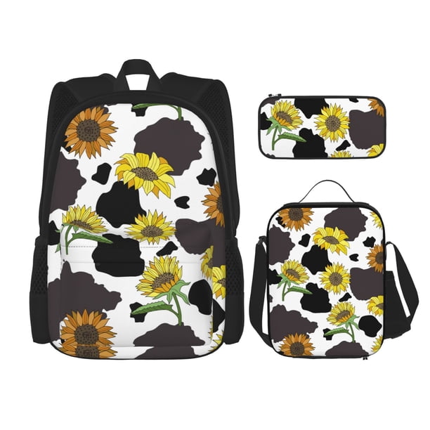 Easygdp Sunflowers Country Mochila para Niños y Niñas con Set de Caja de Almuerzo y Estuche para Lápices 3 en 1, Mochila Escolar Estampada para Adolescentes