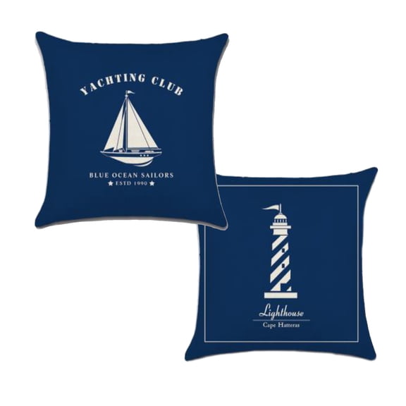 Blue Sailboat & Lighthouse Pattern Style, Cotton Linen Fabric Decorative Indoor Outdoor Throw Pillow Cover Set 18x18