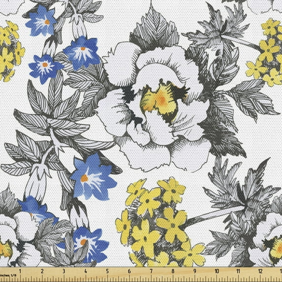 Garden Fabric by the Yard Upholstery, Romantic Peony Hydrangea and Blue Violet Blossoms in Sketch Art Style, Decorative Fabric for DIY and Home Accents, 1 Yard, Dark Grey Yellow by Ambesonne
