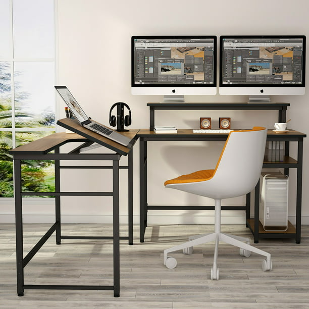Corner Vasagle Computer Desk 55-Inch L-Shaped Corner Desk With Monitor Stand with Dual Monitor