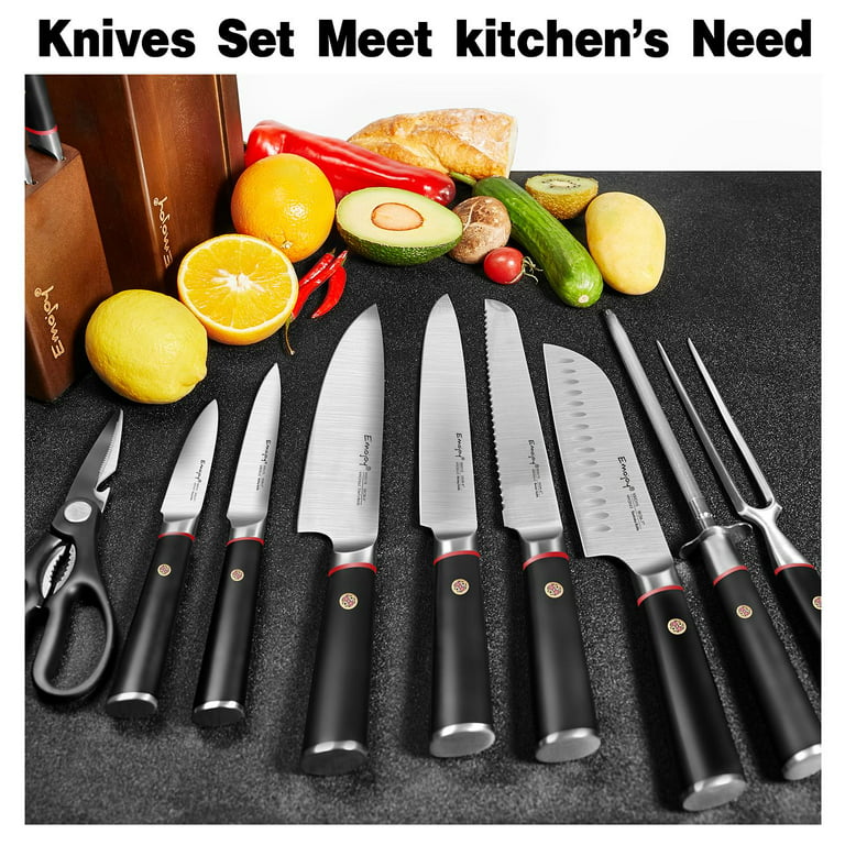 Emojoy Knife Set, Kitchen Knife Set with Craving Fork and Detachable Wooden  Block, 16-Piece German