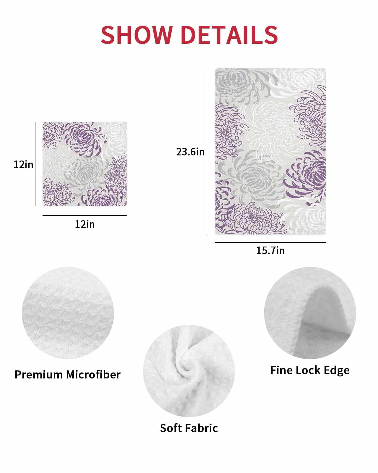 Purple White Kitchen Dish Towels for Drying Dishes Set of 2, Abstract Grey Chrysanthemum Flower Floral Waffle Weave Microfiber Hand Tea Bathroom Towels Quick Dry & Absorbent Towel 12x12
