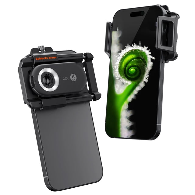 Microscopio para Teléfono Spider Farmer, Microscopio Portátil con Aumento 200X, Luz LED UV y Lente CPL para iPhone y Android, Lente de Zoom para Plantas, Monedas y Joyería