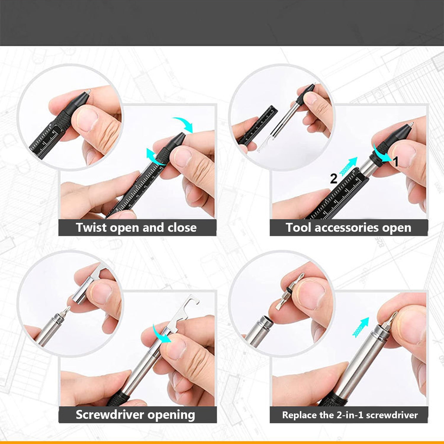12 in 1 Multifunctional Ballpoint Pen, Metal Multi-Tool Pen with LED Light, Bottle Opener, Screwdriver, Ruler, Portable Pocket Tool Pen Gift for Men Dad Husband Grandpa Birthday Father's Day