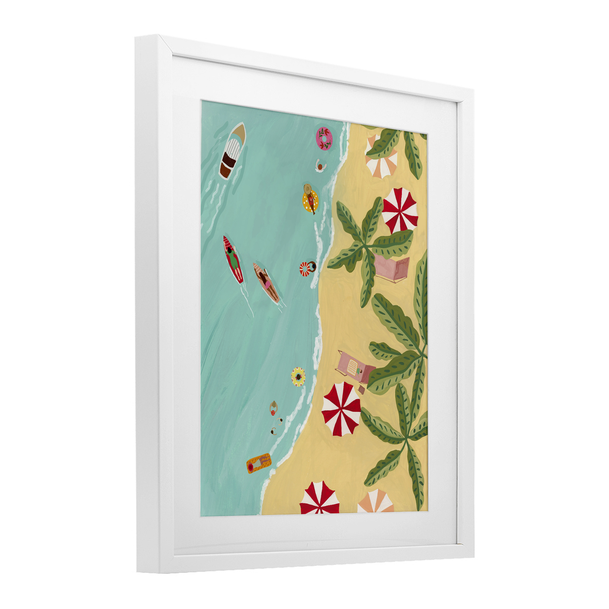 Busy Beach Day Hangout White Framed Print Under Glass, design by Nabeela Rumi