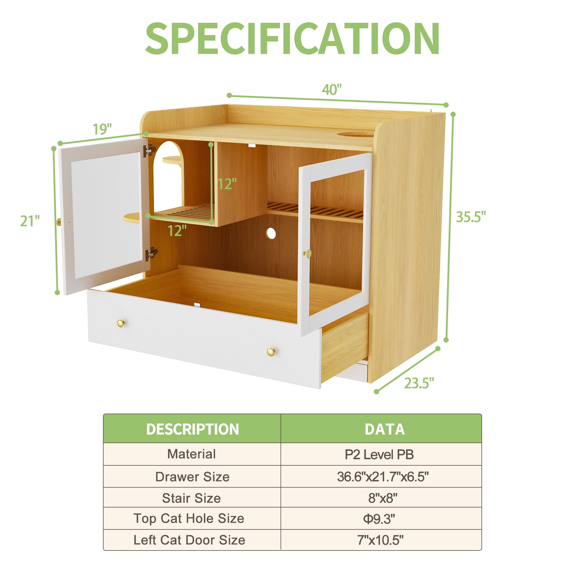 NARTRU Large Cat Litter Box Enclosure Furniture with Drawer and Runway Litter Filter for Litter Boxes,Oak