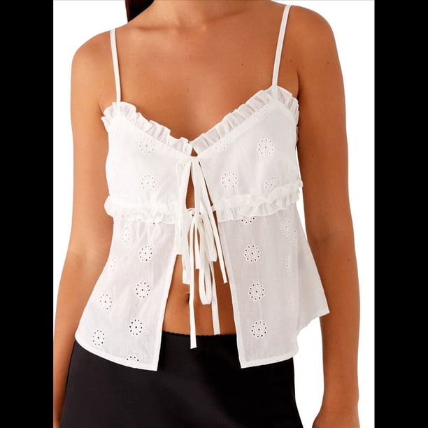Camiseta Sin Mangas Estilo Bohemio con Bordado de Ojales para Mujer, Estilo , Estilo Veraniego, Estilo Y2K, Estilo Y2K L